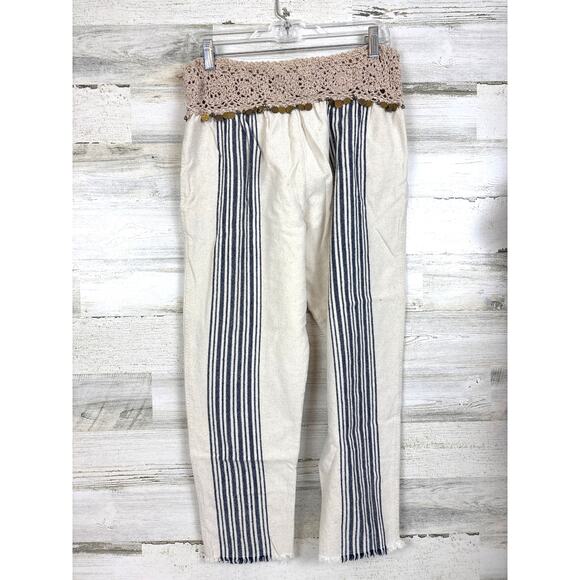 Free People Womens M cream blue In Dreams Embellished Harem Pants Stripe Crochet - Picture 2 of 6